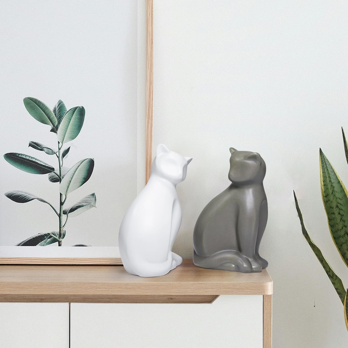 ECYC Minimalist Ceramic Lucky Cat Statue Living Room Desk Animal Figurine Decoration, White