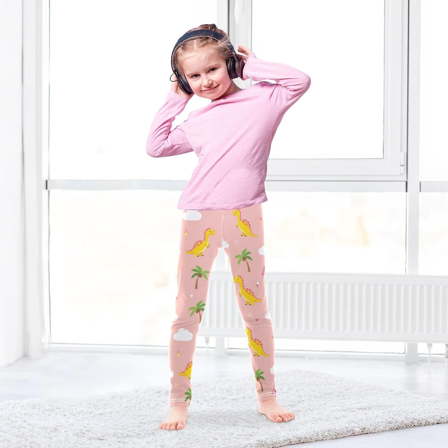 GAIREG Stretch Leggings for Girls Cute Dinosaur Pink