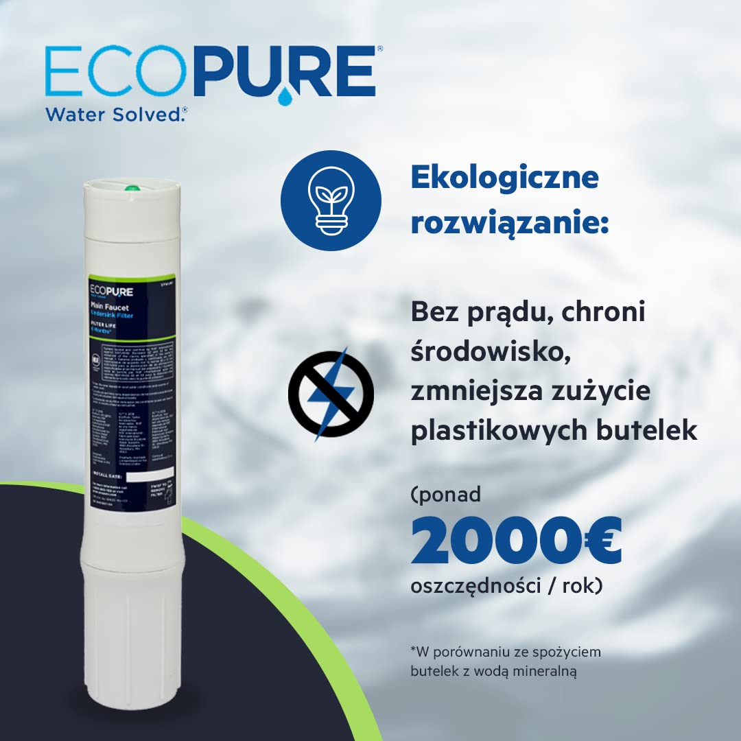 ECOPURE | Filtr wymienny (EPWURF) do systemu filtracji EPWUFF | Redukuje osady, chlor i cysty | Dla czystej wody bez zapachu chloru | Żywotność: 6 miesięcy/7 500L wody
