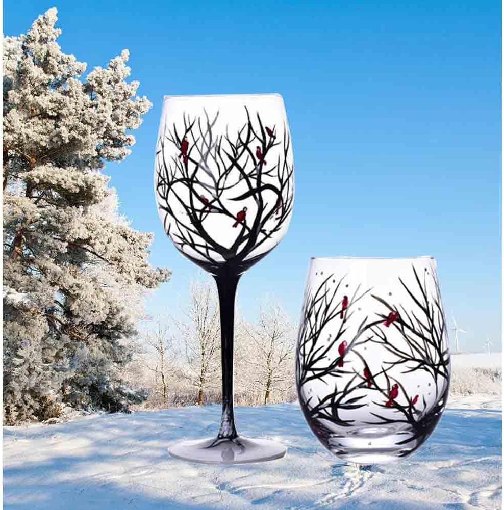 4PCS Hand Painted Wine Glass Four Seasons Tree Wine Glasses Fall Leaves Flower Seasons Colored Red Wine Glasses for Wine Cocktails Novelty Gift for Birthdays Weddings Gifts (Stem glass)