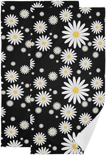Juego de 2 toallas de mano de flores de margaritas para baño, lindo fondo negro, estampado floral, suave, pequeño, juego de toallas de baño