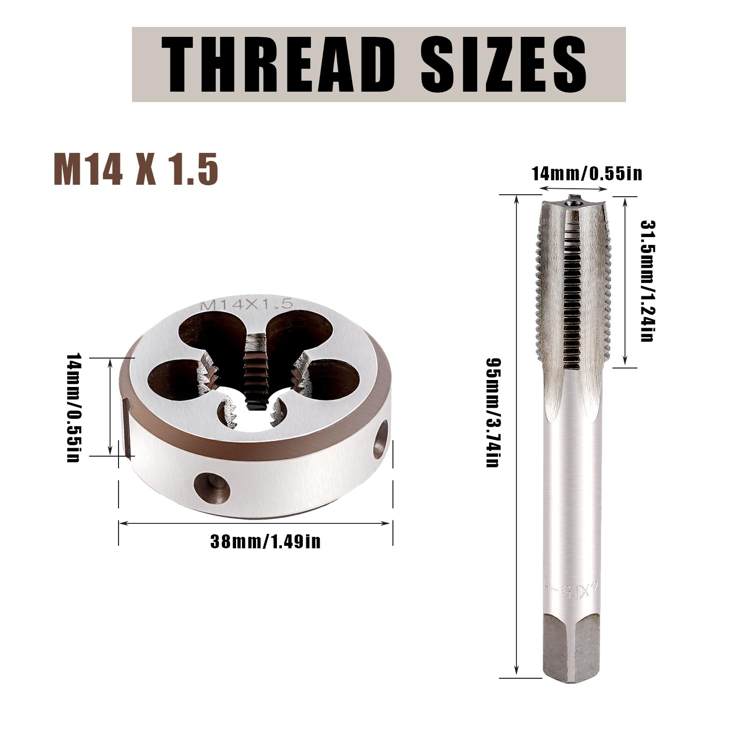 M14x1.5 Metric Thread Tap and Die Set, High-Speed Steel Alloy Metric Machine Tap Die Set Durability Tool Right Hand - Image 2