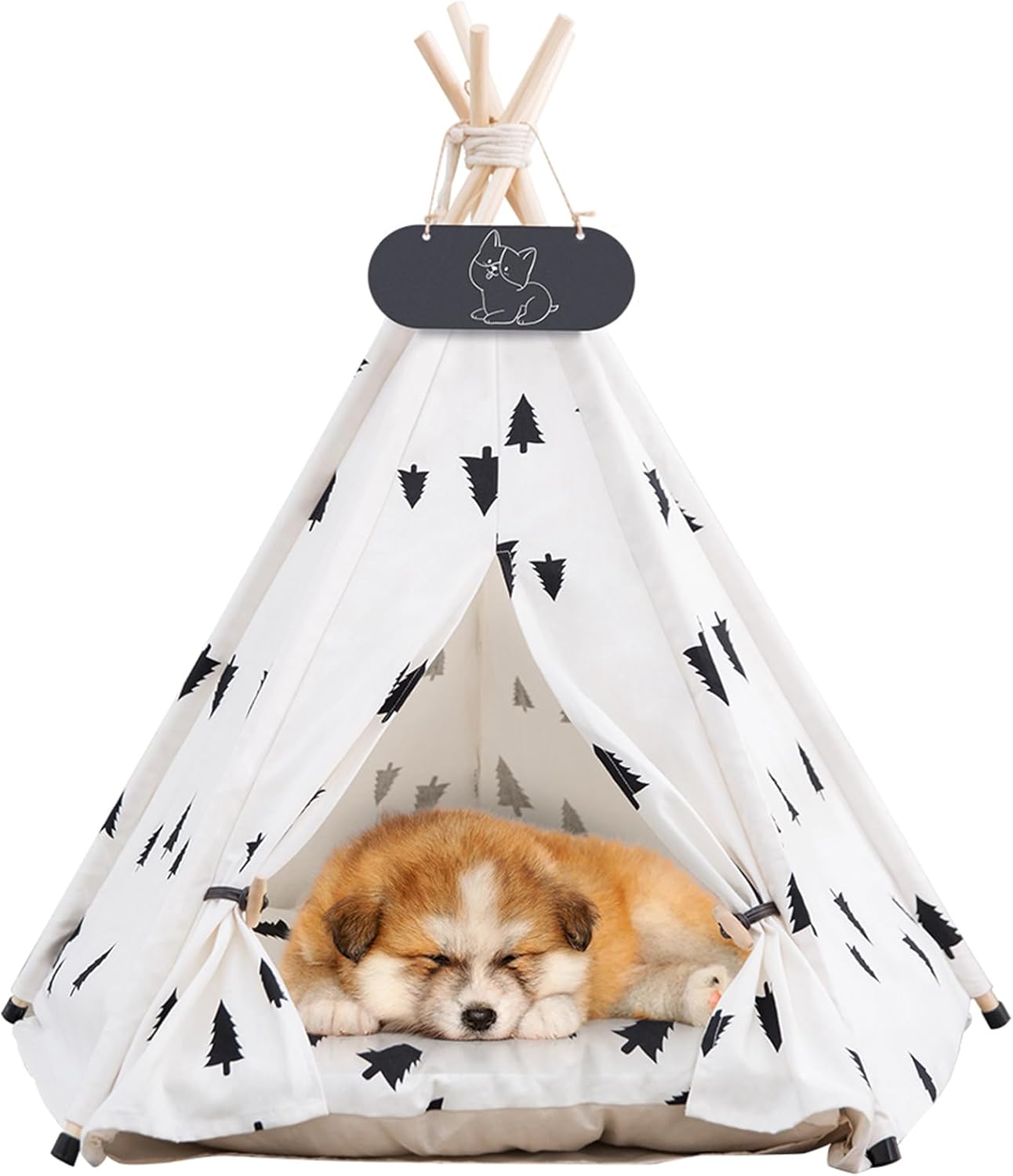 Pet Teepee Tent for Dogs & Cats Dog Bed with Thick Cushion Puppies Play House Removable and Washable Black Pine L:24x24x28inch