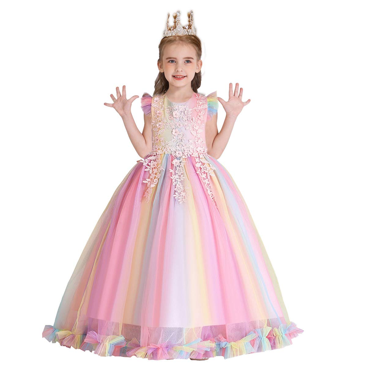 WOCINL Flower Girls Lace Appliques Wedding Dress Princess First Communion Rainbow Tulle Birthday Pageant Party Dance Maxi Ball Gown 3-4 Years
