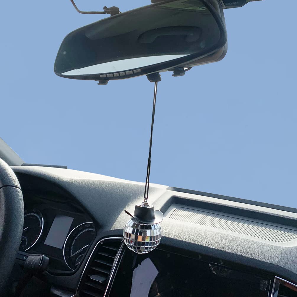 Ornement Voiture Boule Disco Avec Chapeau Cowboy - Pendentif Miroir Argenté Pour Rétroviseur