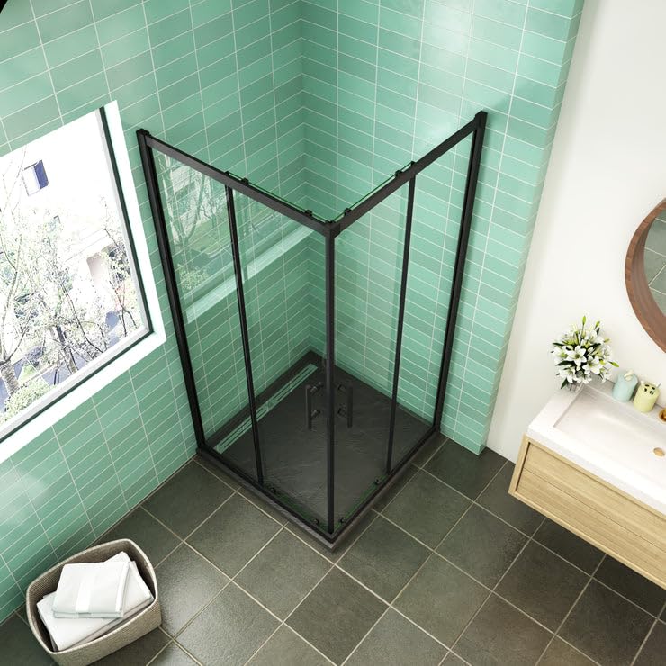 AICA SANITARIOS 100x80cm CABINA DE DUCHA DE ESQUINA CORREDERA NEGRA MATE 6MM CON PERFILERIA NEGRA ALTURA 190CM, ENTRADA ESQUINA