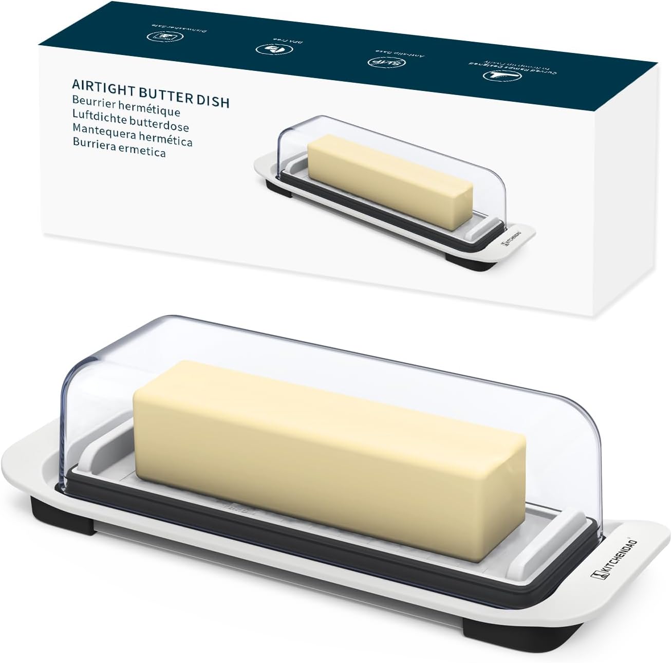 Product image of KITCHENDAO Airtight Butter Dish with Lid for Countertop and Refrigerator Door Shelf, Butter Keeper, Plastic Butter Holder Tray Container for West/East Coast Butter, White