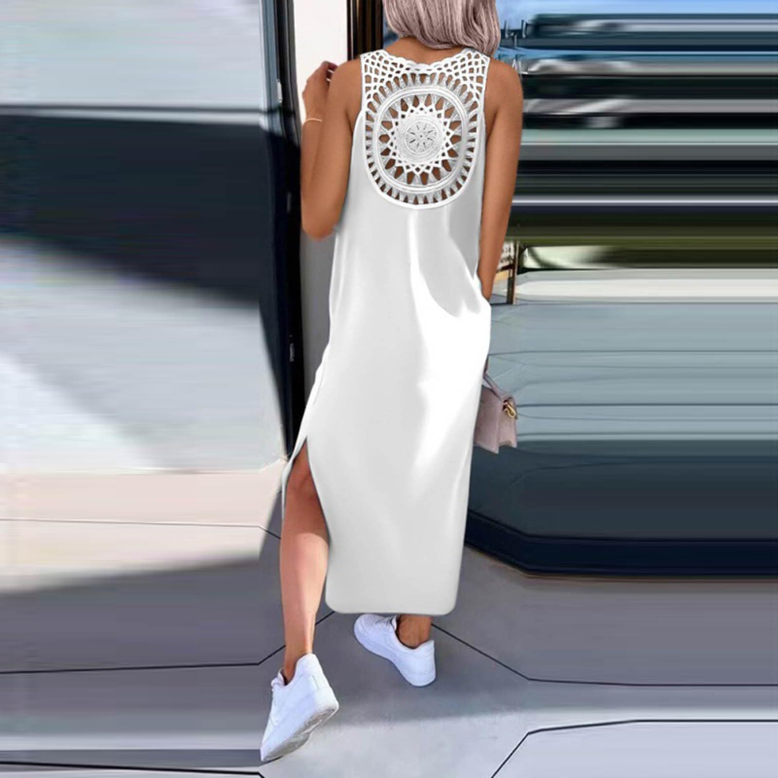 Vestido De Verano for Mujer Largo Vestidos Largos Sueltos Ocasionales Traje Playa 2026 for Resort Sin Mangas Ahueca hacia Fuera El Tiras con Abertura Lateral Encaje, Menta