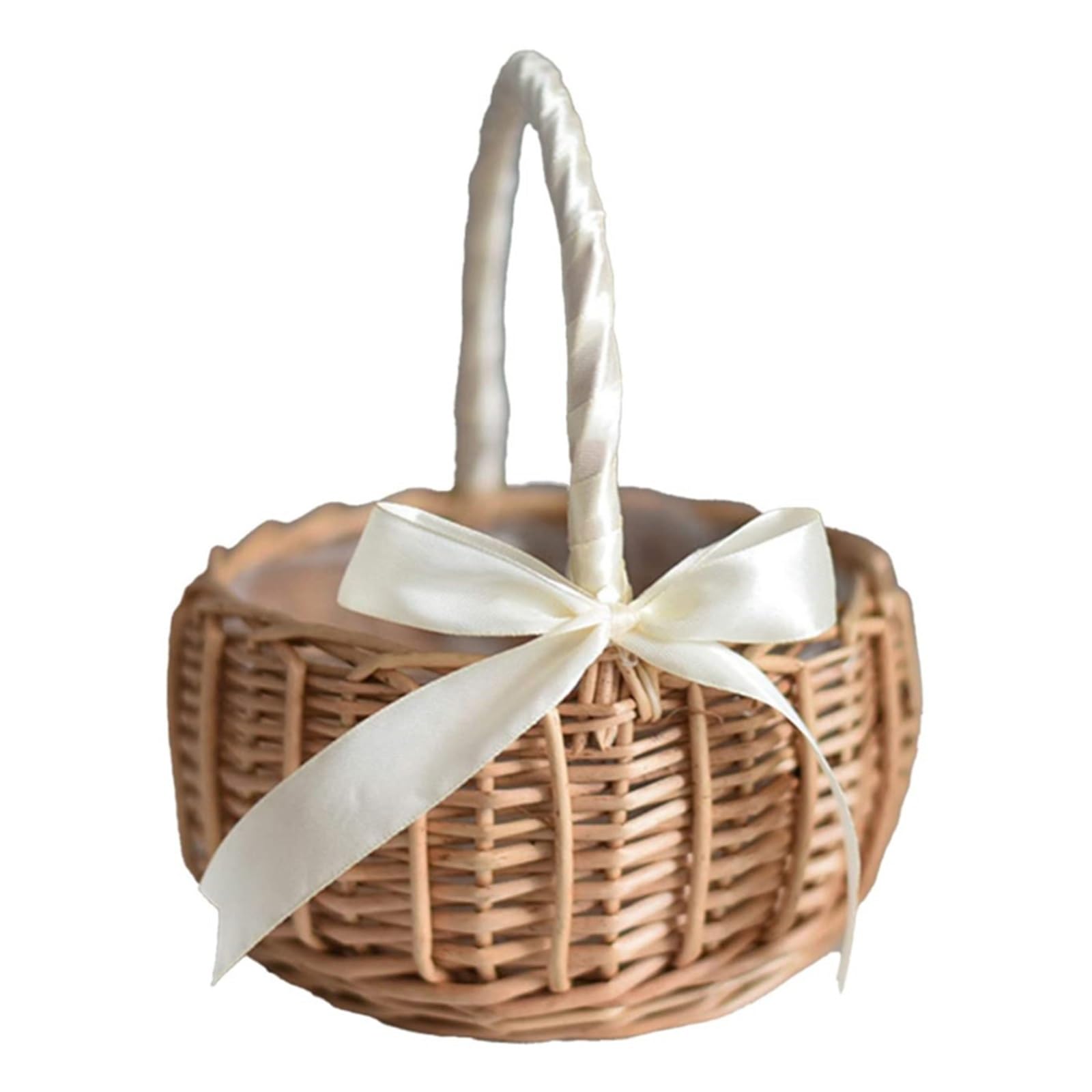 Handgewebter Hochzeits-Blumenkorb mit Griff, Weidenkorb, Kleinkram, Hochzeitsblumenkorb für Zuhause, Picknick, Aufbewahrungskorb (Weiß, L)