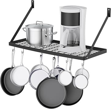 Miyili Wall Mounted Hanging Pot Rack 30 by 13-Inch Kitchen Organizer with 10 Hooks, Space-Saving Cookware Hanger for Pots & Pans, Black