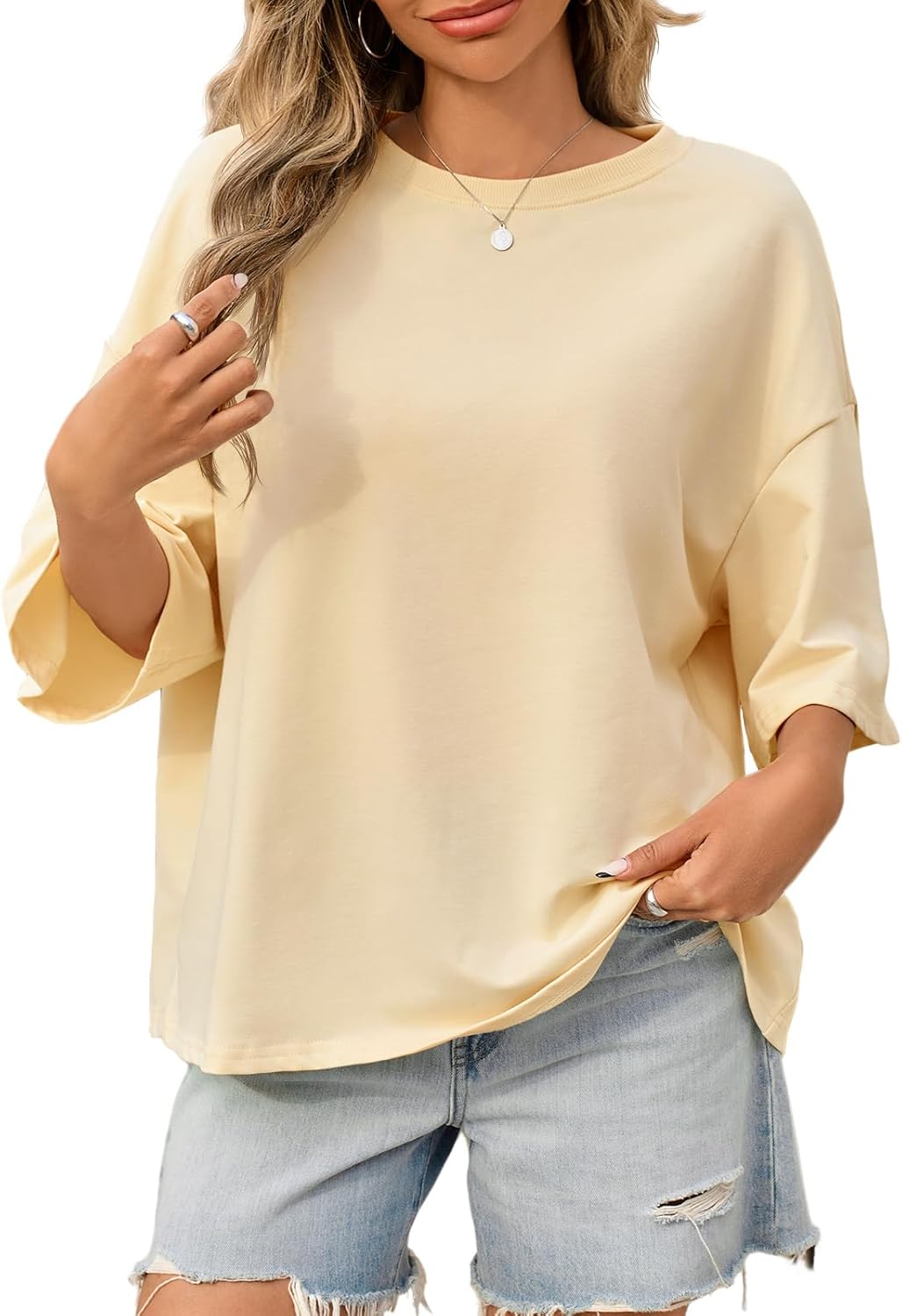 Tankaneo Womens Oversized Tshirts 3/4 Sleeve Drop Shoulder Tops Summer Casual Loose Fit Basic Tee Shirts - Image 4