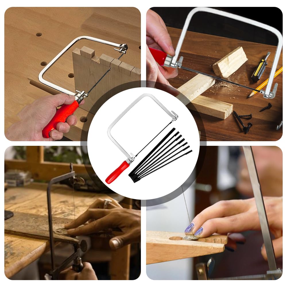 Set di seghe per traforo, con 7 lame e 1 curva per sega a traforo (14/18/24 denti), girevole a 360 gradi con manico in legno, sega a gattuccio, per metallo e legno, tagli precisi