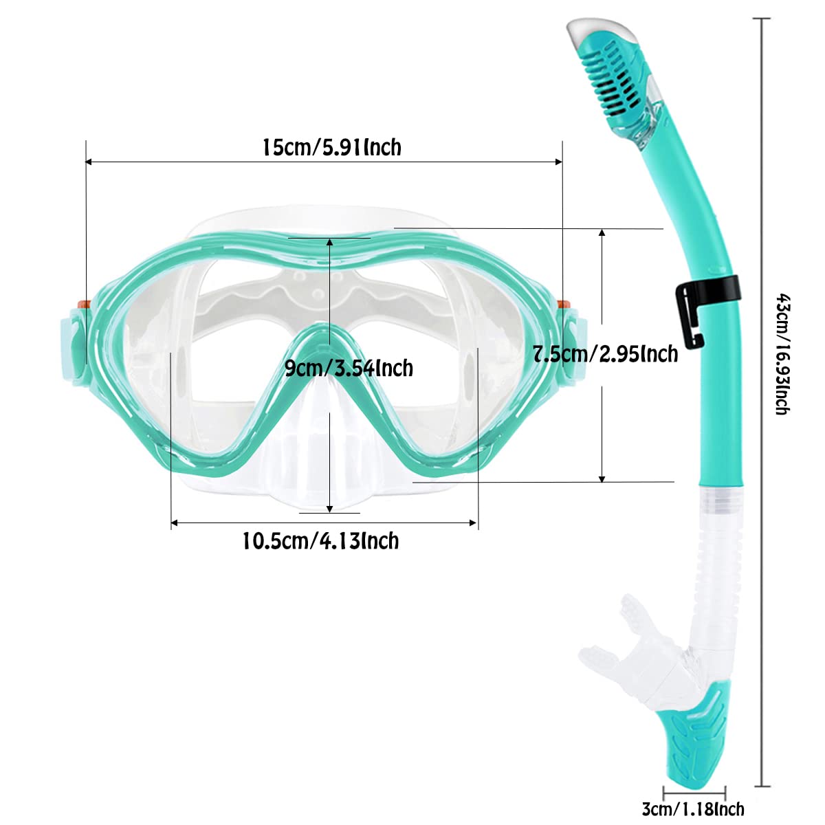 Kit de plongée pour enfant avec palmes, anti-buée panoramique à 180°, lunettes de plongée réglables, masque de plongée de qualité supérieure et tuba Dry Top pour la natation