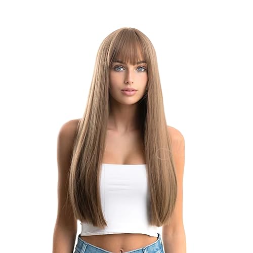 LUCY - Peluca larga y lacia de color marrón claro con flequillo completo, para usar y llevar, pelucas de cabello largo sin pegamento para mujer,