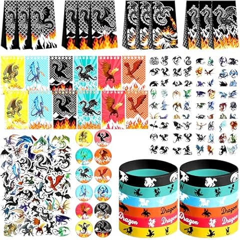 Ywediim Dragon Party Favors, Including 12 Gift Bag, 12 Stickers, 12 Silicone Wristbands, 12 Badge, 12 Dragon Notebook, for Children Birthday Party Decorations Supplies Cover