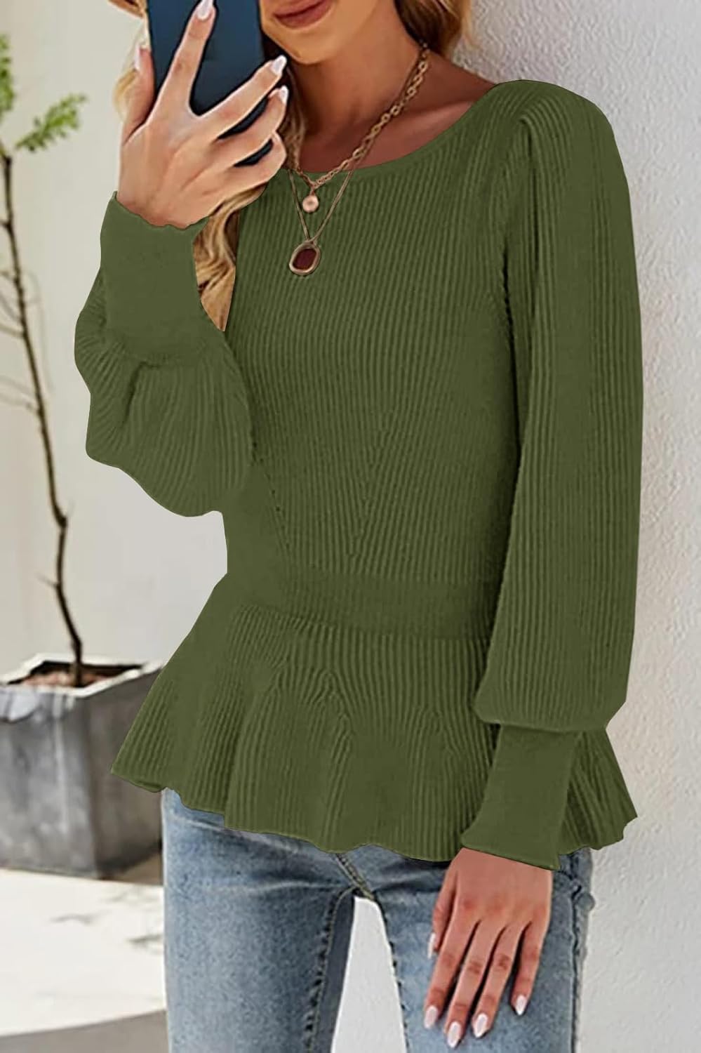 Womens Fall Puff Sleeve Peplum Casual Slim Fit Knit Pullover Sweater Jumper Tops - Image 4
