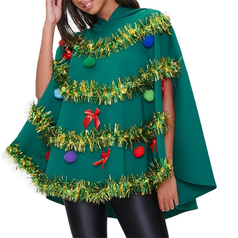 SYHVGI Women Christmas Tree Poncho Costume Bow Ball Decor Hooded Cloak Cape Party Prop Costume Cosplay (Green, L)