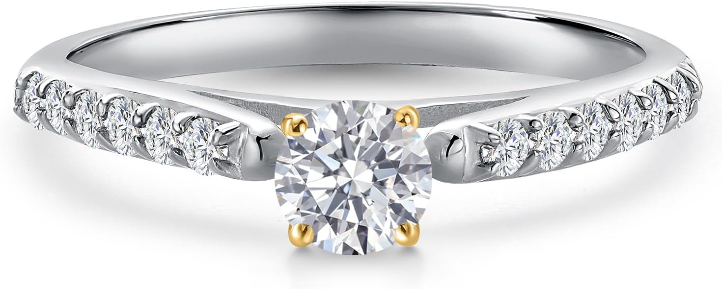 925 Silver and 10K Yellow Gold Gemstone Birthstone and White Lab Grown Diamond Accent Engagement Ring For Women | Round 4MM and 1.5MM | Two-Tone Wedding Anniversary Promise Ring | Sizes 5, 6, 7, 8, 9 - Image 3