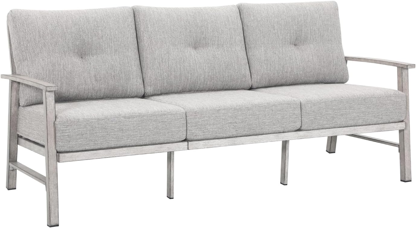 3 Seats Patio Furniture Sofa, Outdoor Aluminum Couch with 5.9'' Soft Cushion, 3-Seater All-Weather Outdoor Patio Furniture Sofa Couch for Balcony, Poolside, Lawn, White Oak