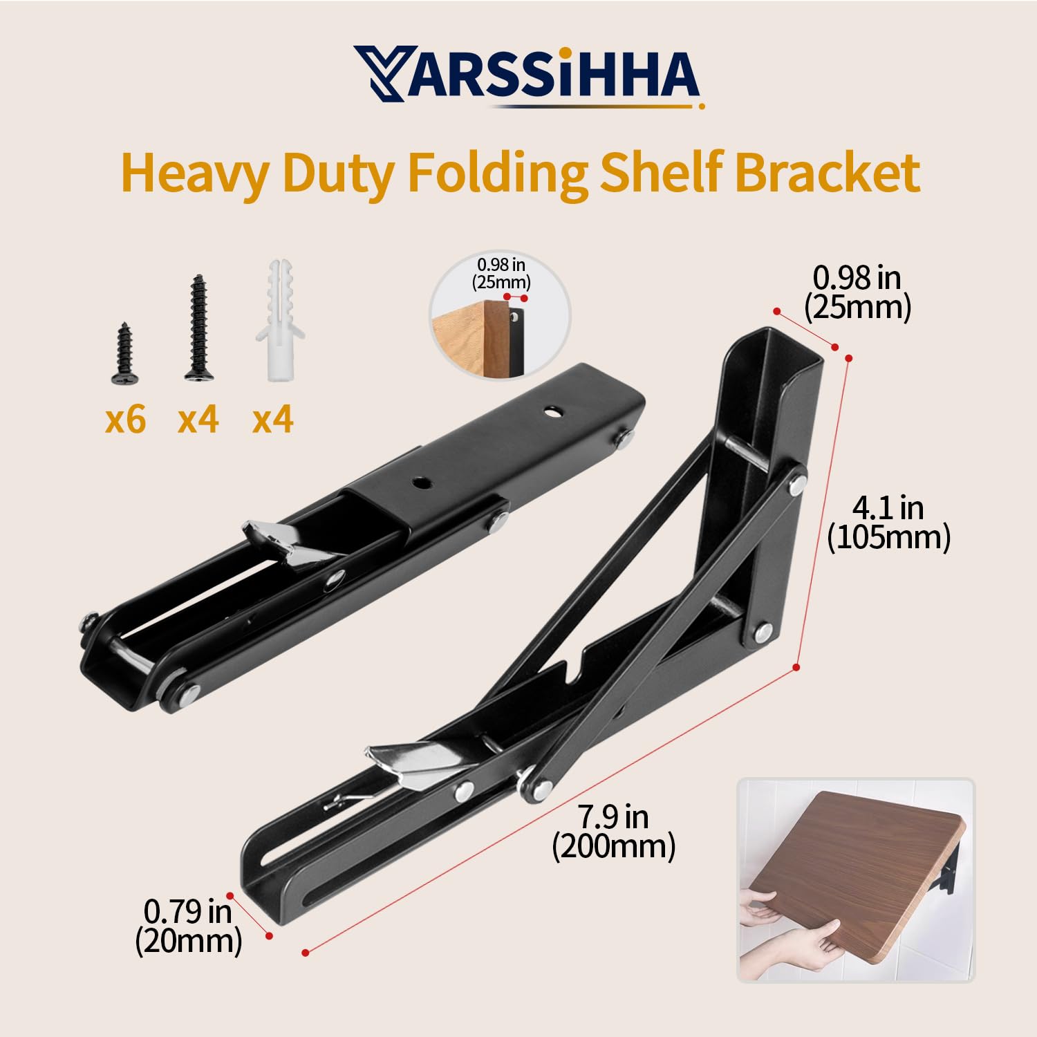 Yarssihha Soporte de estante plegable de 8 pulgadas, paquete de 2 soportes de estantería triangulares plegables de metal, bisagra de mesa plegable resistente montada en la pared, ahorro de espacio