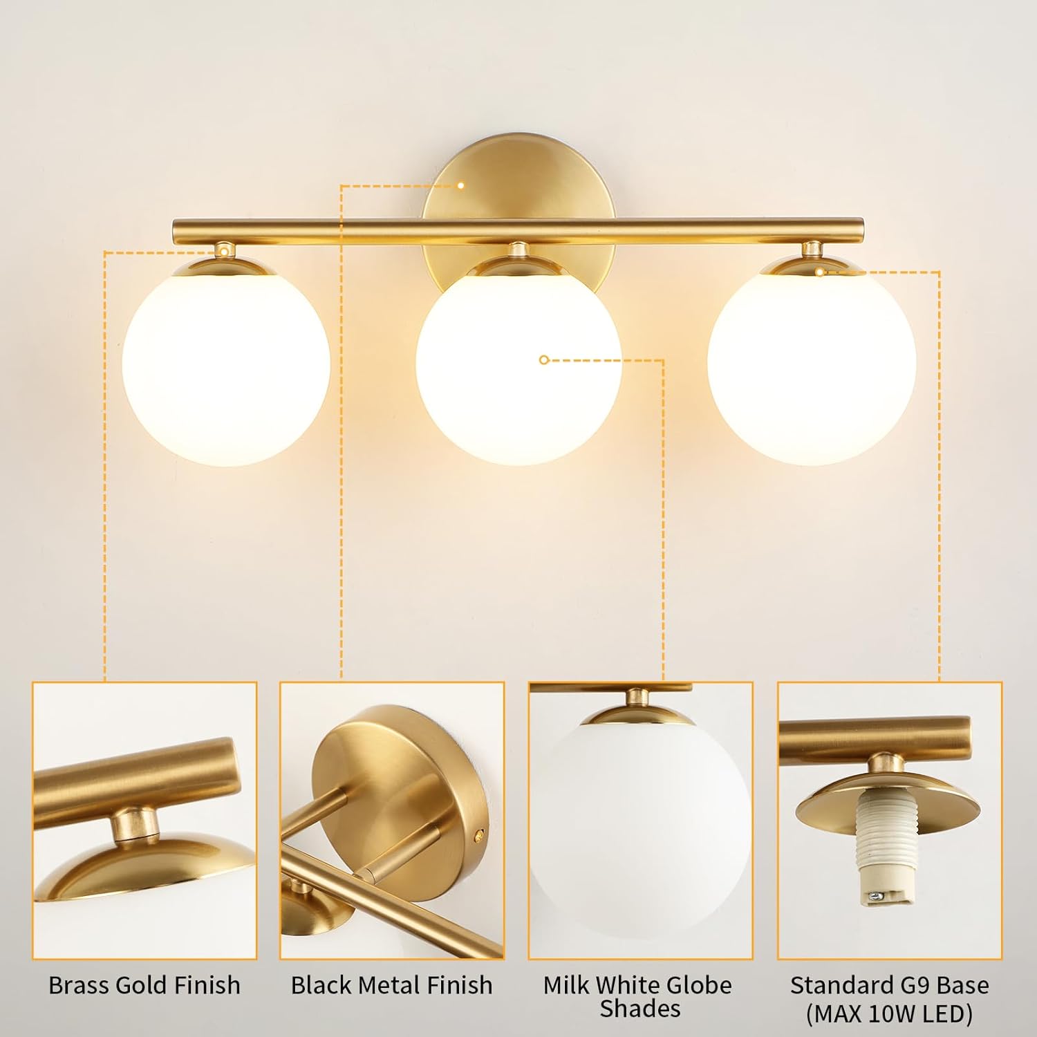 Globe Bathroom Light Fixtures 3-Light Brass Gold Vanity Light with Plastic Milk White Globe Shades 11.81 inch Wall Sconce Lighting Over Mirror, Vanity Lights for Bathroom Bedroom Hallway