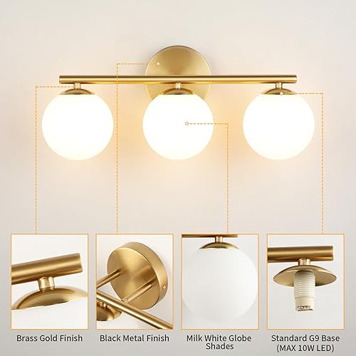 Miniatura 7 de Globe - Lámpara de baño de 3 luces de latón dorado con pantallas de globo blanco leche de plástico, aplique de pared de 11.81 pulgadas, luces de