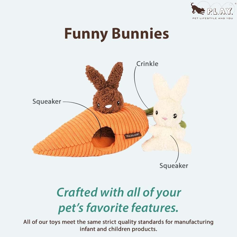 P.L.A.Y. Cute Plush Dog Toys - Hippity Hoppity Easter Themed Durable Squeaker Chew Toy, Great for Puppies & Small, Medium, Large Dogs - Machine Washable, Recycled Materials (Funny Bunnies with Carrot)