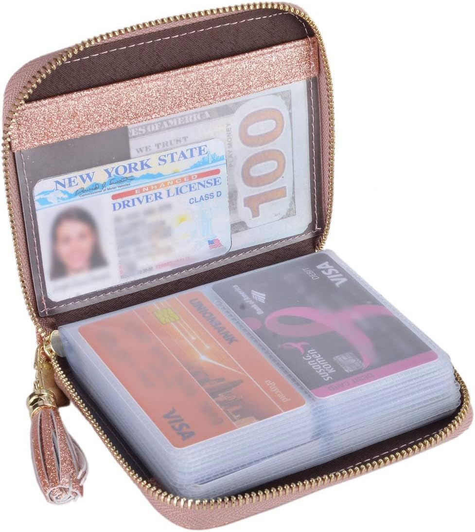 Easyoulife Womens Credit Card Holder Wallet Zip Leather Card Case RFID Blocking (Glitter Gold)