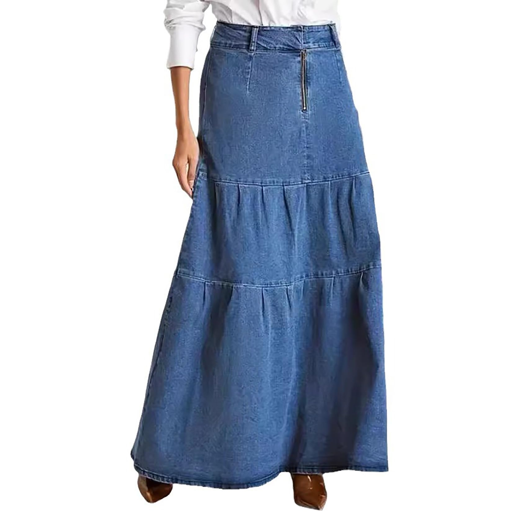 Glkaend Women's High Waist Pleated Long Denim Skirt Patchwork