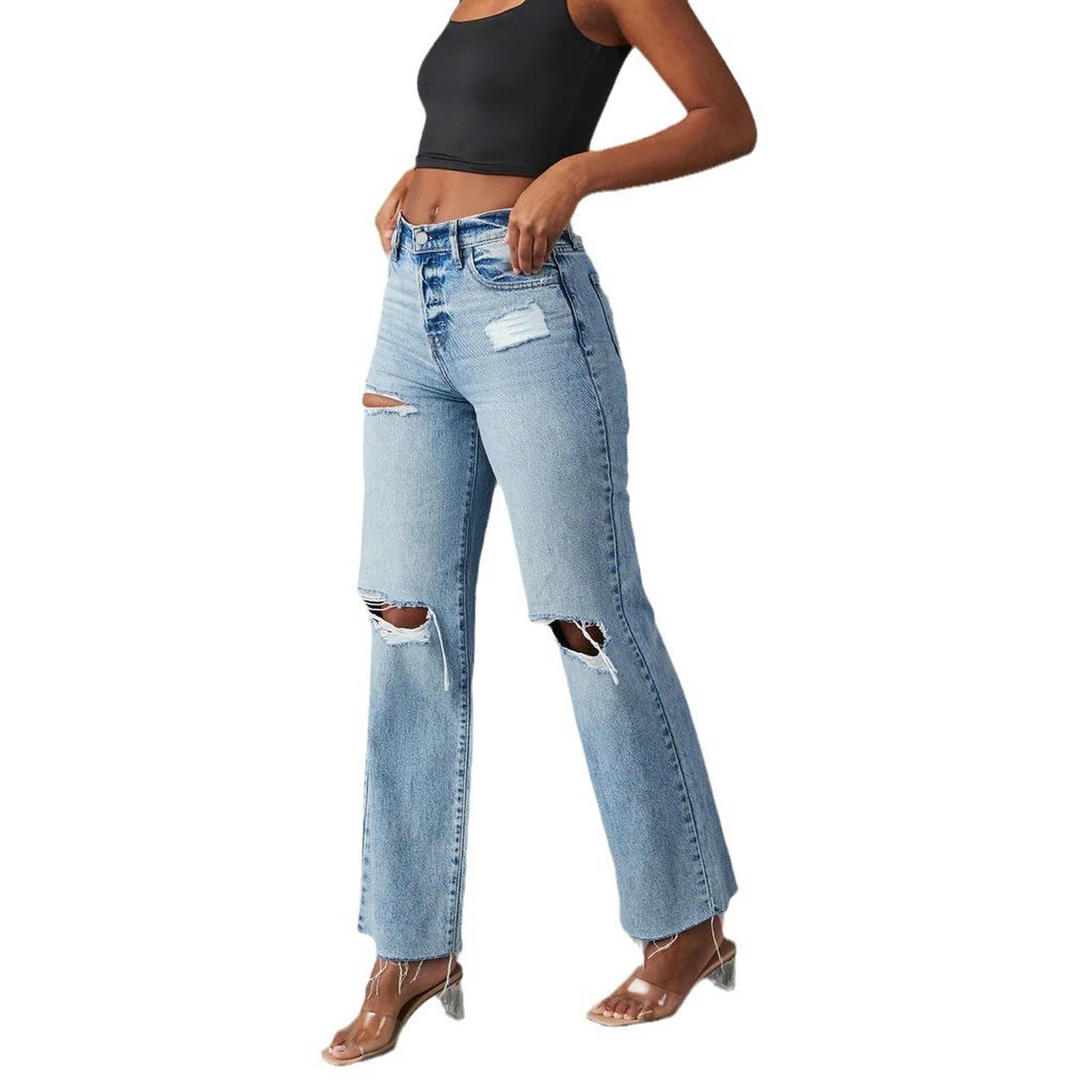 Jeans Donna Strappati alla Caviglia con Dritta Alta-Blu-l