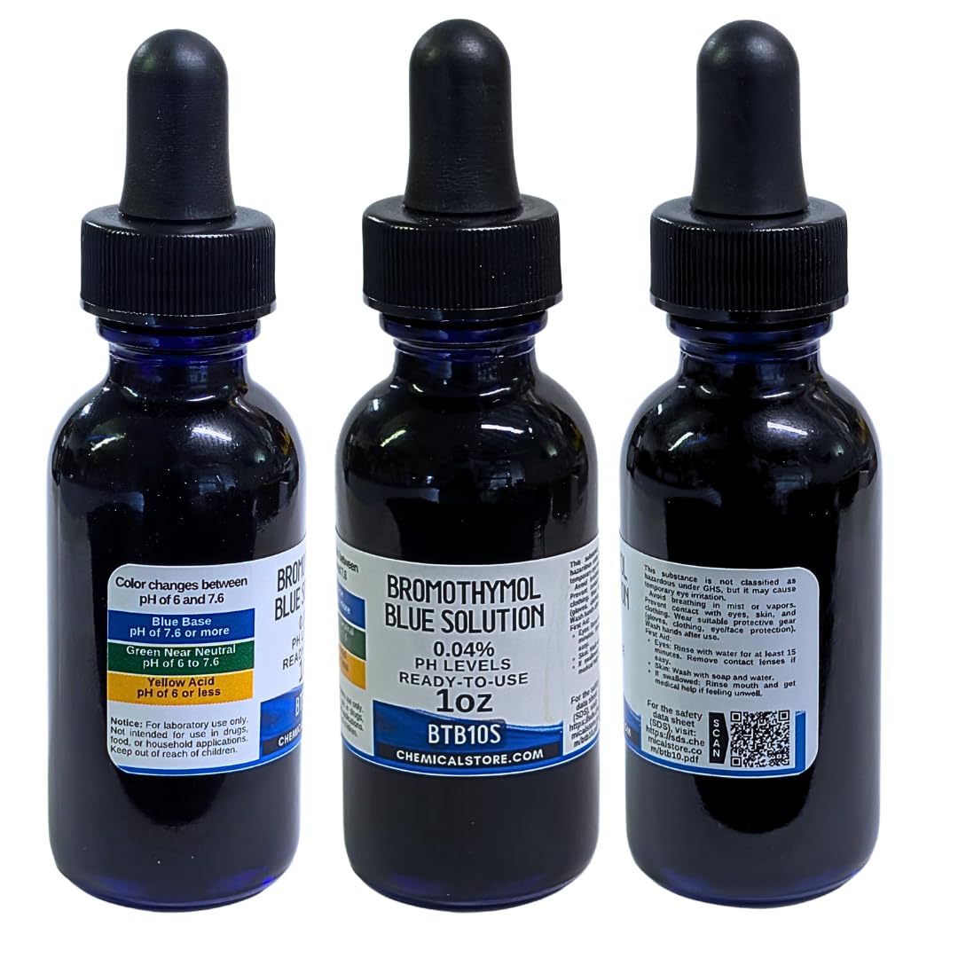 CHEMICALSTORE.COM Bromothymol Blue 0.04% w/v Aqueous Solution – 1oz ~ 30mL Indicator in Blue Glass Bottle with Dropper
