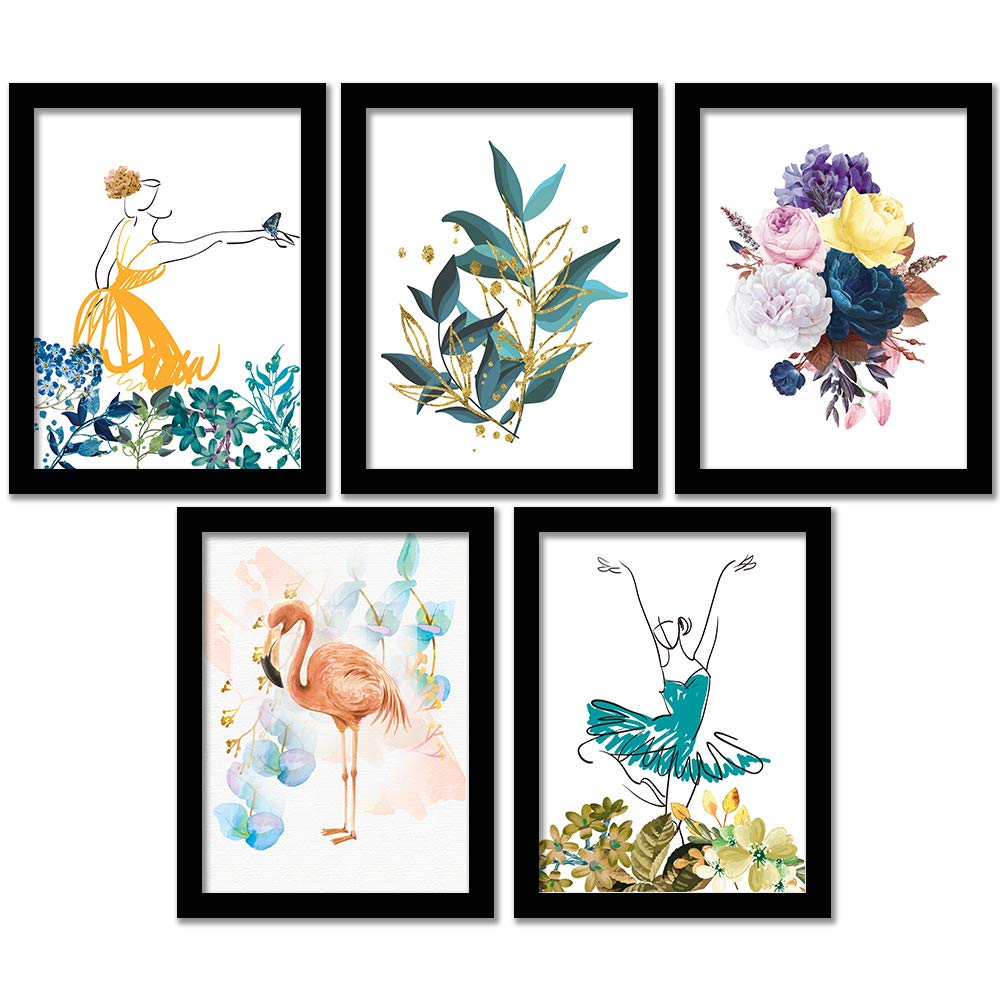 BANGERZ Flamingo Bird Leaves Framed Wall Posters Botanical Prints Paintings For Living Room Bedroom Study Room (11 inch x 14 inch) Set Of 5