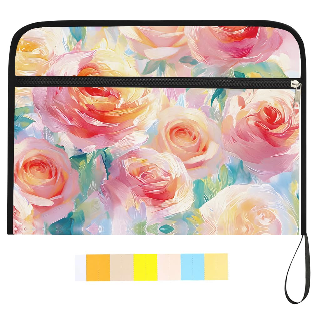 WEBEEDY 13 Pocket Expanding File Folder Portable Document Folder with Zipper and Labels, A4 Size Accordion File Organizer for Travel Office Home Bill Letter Receipt (Oil Painting Flowers Pattern)