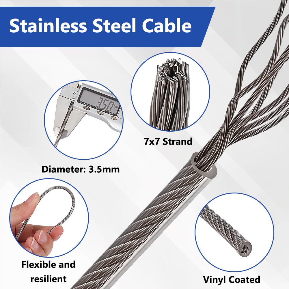 BENECREAT Cuerda de acero inoxidable 304 de 50 m, 3,5 mm recubierto de plástico, 7 x 7 hilos con 20 guardacabos y 50 casquillos de aluminio para colgar cadenas de luz, suspensión de imágenes y