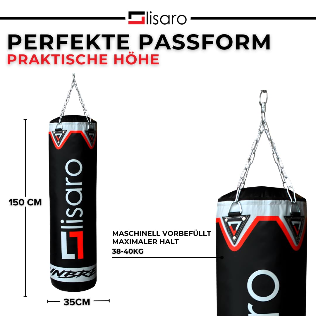 Lisaro Profi Boxsack/Sandsack 150cm | geeig. für Jede Sportart | Ca. 40 kg | gefüllt | inkl. Vierpunkt - Stahlkette | Material Kunstleder (Vinyl) | Studioqualität | Unbreakable