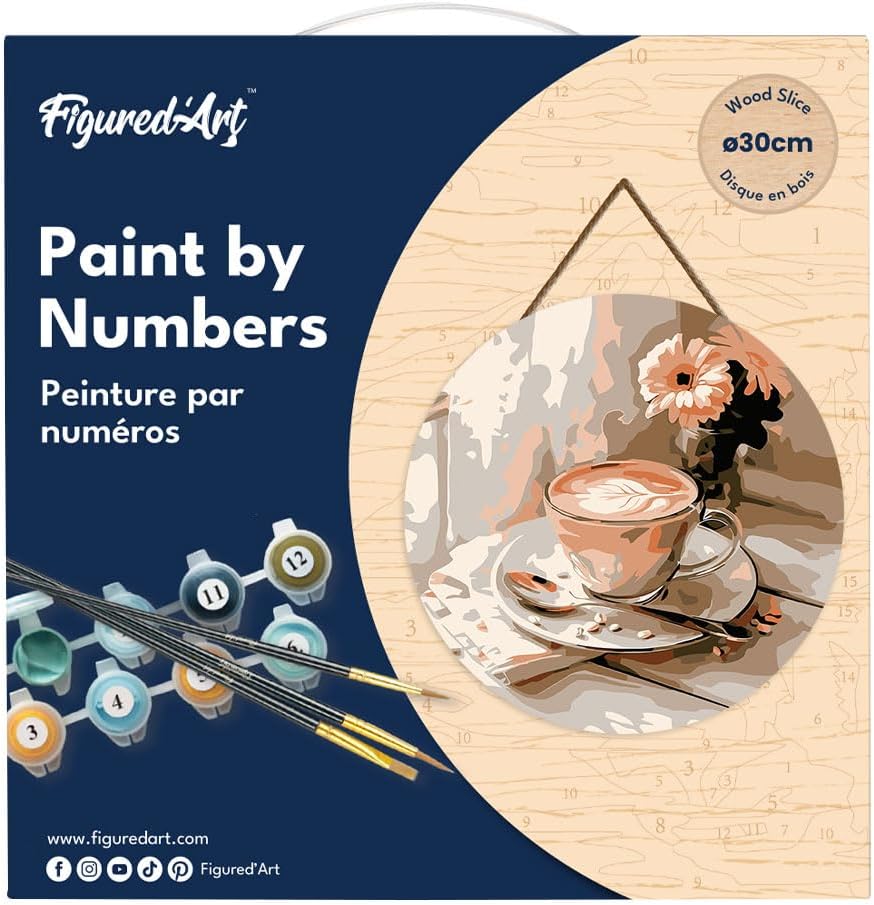 Figured'Art Paint by Numbers Kit for Adults on Wood Slice, 11.8in Diameter - Morning Coffee - Craft Art Painting DIY Canvas