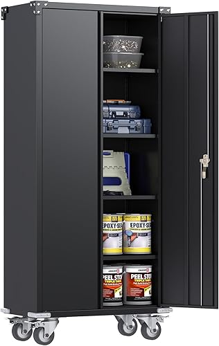 SUXXAN Armario de almacenamiento de metal alto con rueda para garaje en el hogarestantes ajustables con cerradura rígido y diseño de parachoques