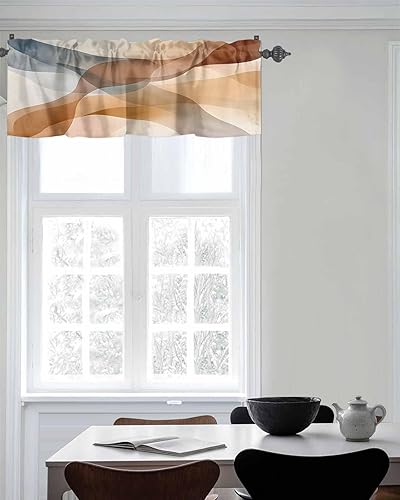 Miniatura 6 de Chucoco Valance for Kitchen Windows, Retro Ombre Blue Brown Waves Rod Pocket Valances Short Curtains, Abstract Water Ripple Seamless Curtain Valance