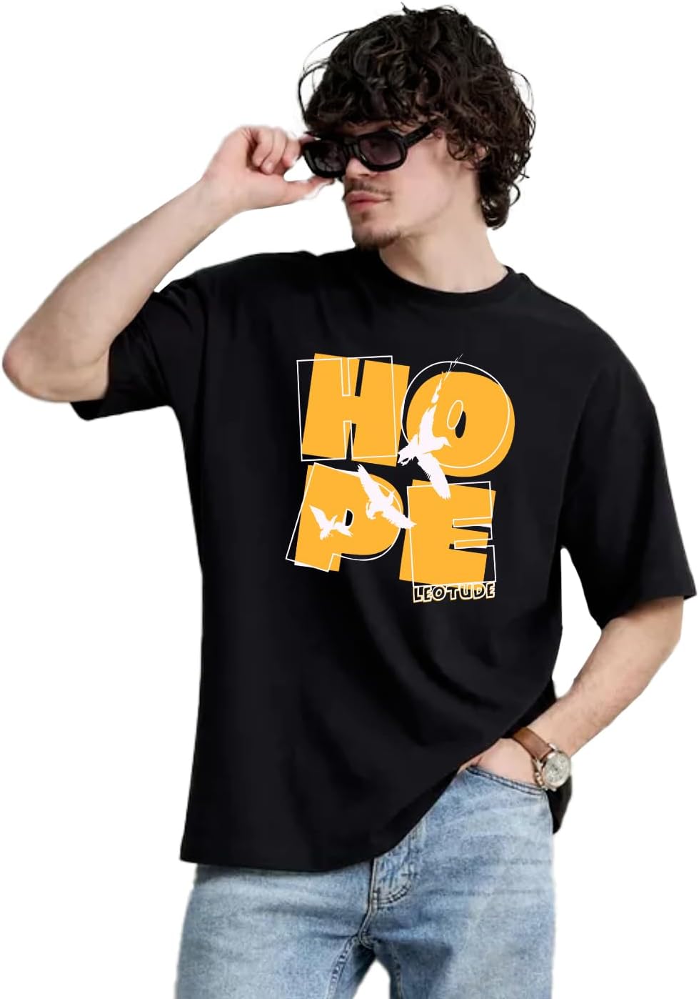 Half Sleeve Oversized Cottonblend Round Neck Drop Shoulder Printed T-Shirt for Men's (Color Black)