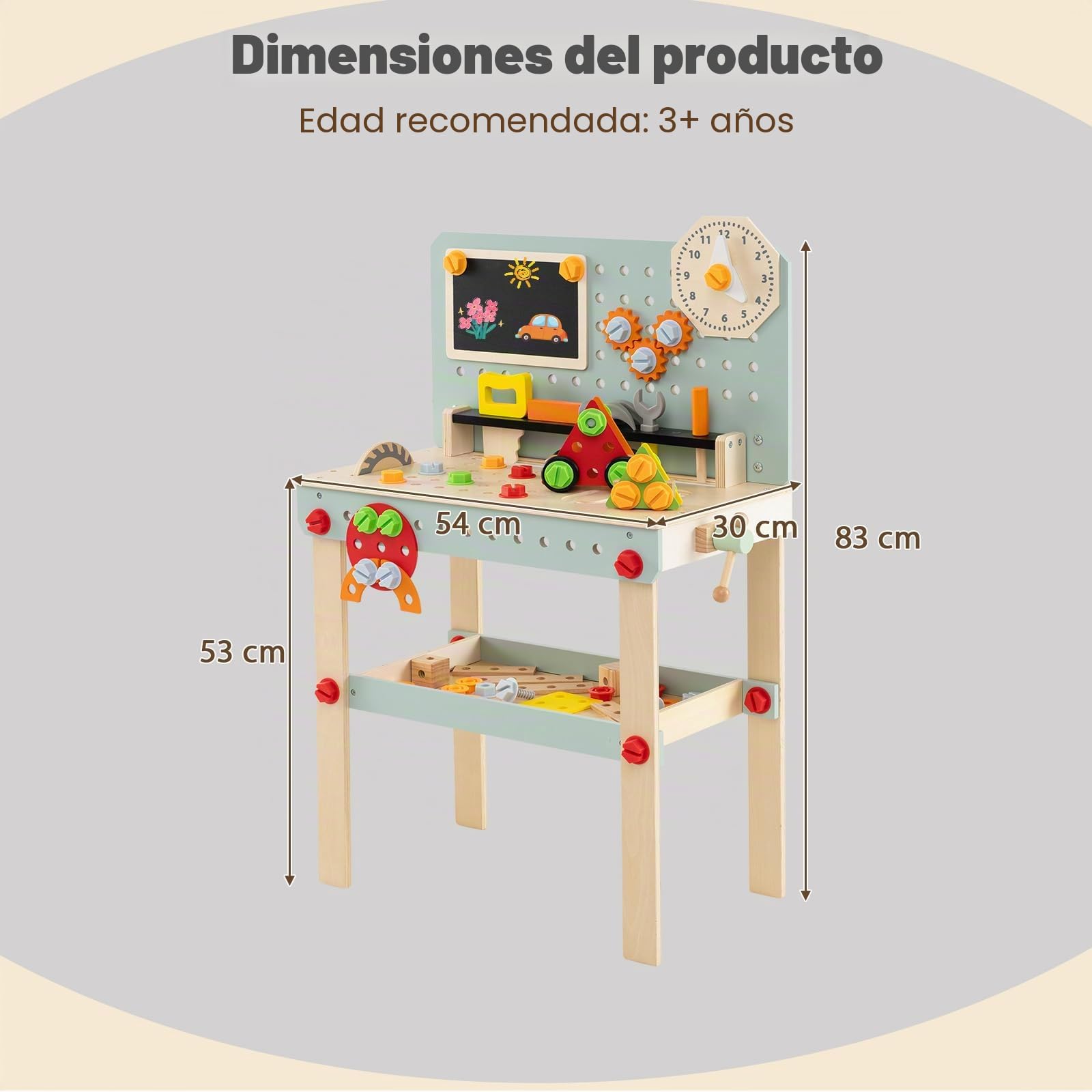 HOMASIS Banco Herramientas de Madera Juguete, Taller Mecanico Montessori con Juego de Herramientas y Espacio de Almacenamiento, Regalo Manualidades y Educativo para Niños y Niñas de 3+ Años
