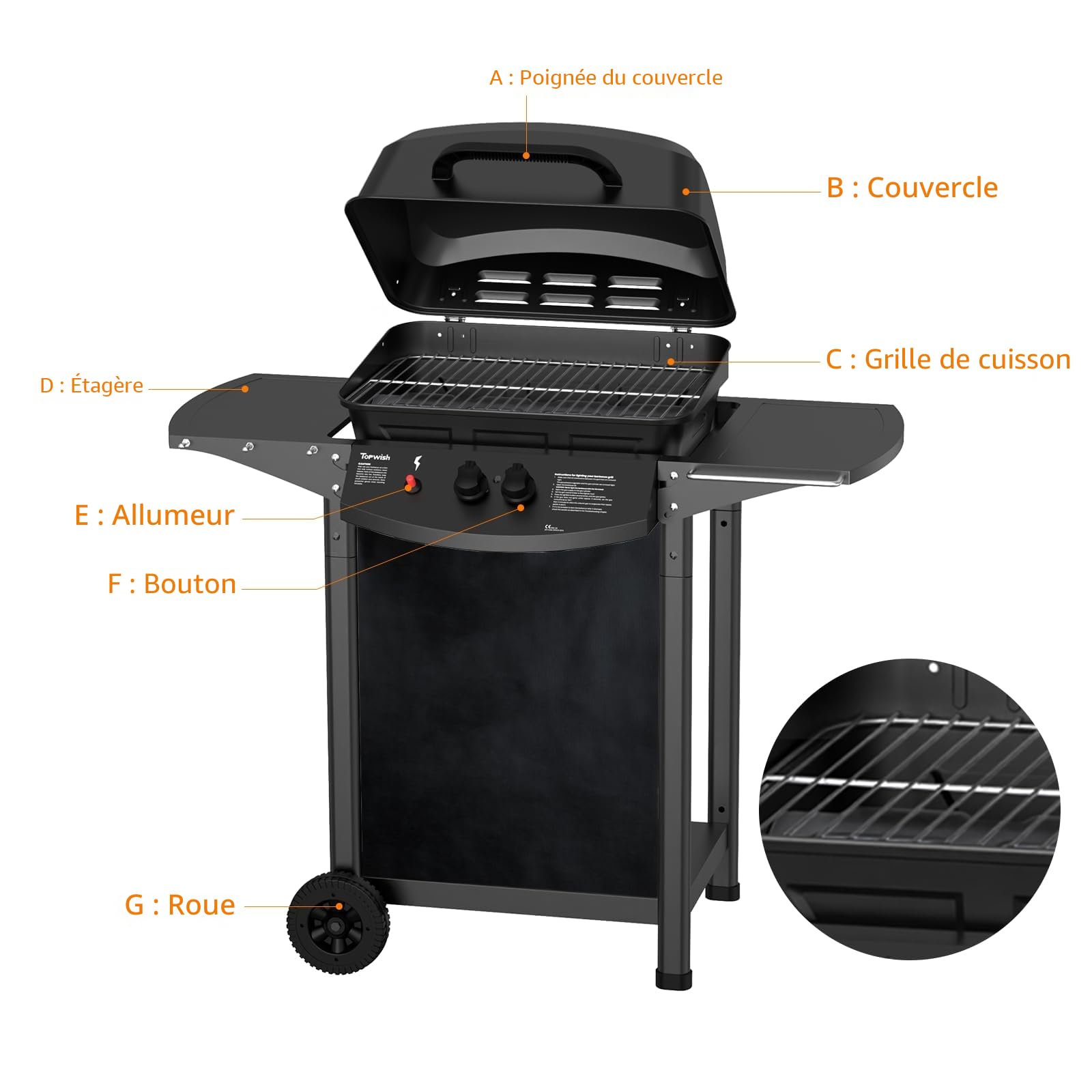 Topwish barbecue gaz, barbecues à gaz 2 brûleurs,plancha gaz exterieur,étagère rabattable en latéral, sur roulettes,6000W,106.44 * 55.6 * 103.85cm