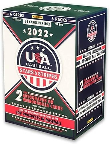 2022 Panini USA Baseball Stars & Stripes BLASTER box (6 pks/bx, TWO Memorabilia and/or Autograph cards/bx)