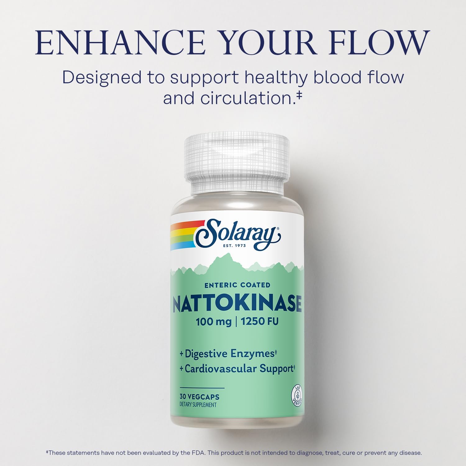 SOLARAY Nattokinase Supplement 1250 FU for Men & Women - Digestive Natto Enzymes, Heart Health & Circulation Support, Nattokinase Capsules 100 mg, Enteric Coated - 30 Veg Caps