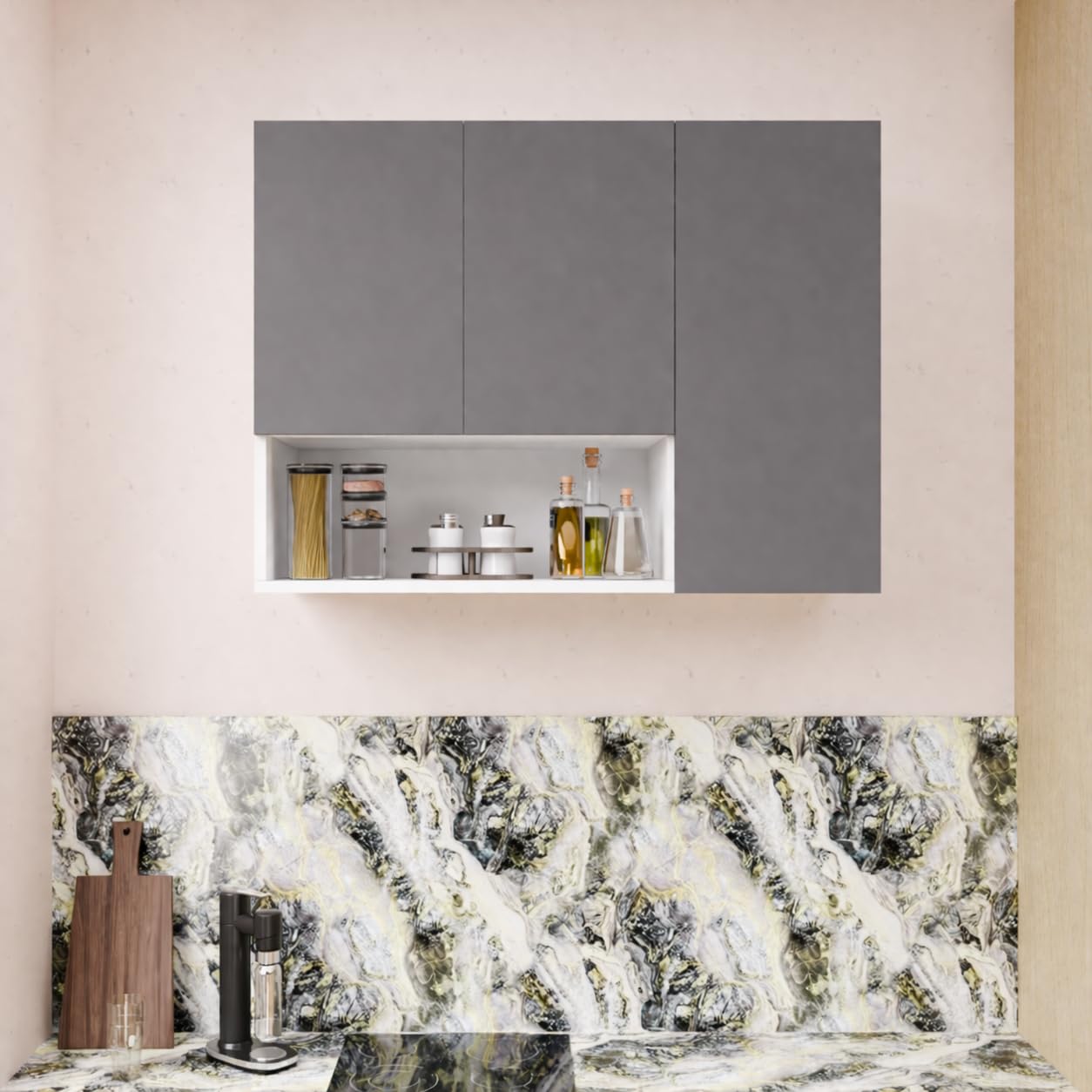 3 Door Multipurpose Wall Mounted Cabinet with Adjustable & Fixed Shelf | Storage for Kitchen, Bathroom, Home & Office | Assembly-DIY | Color-White & Grey | Size-90x33x63.8Cm-image-9