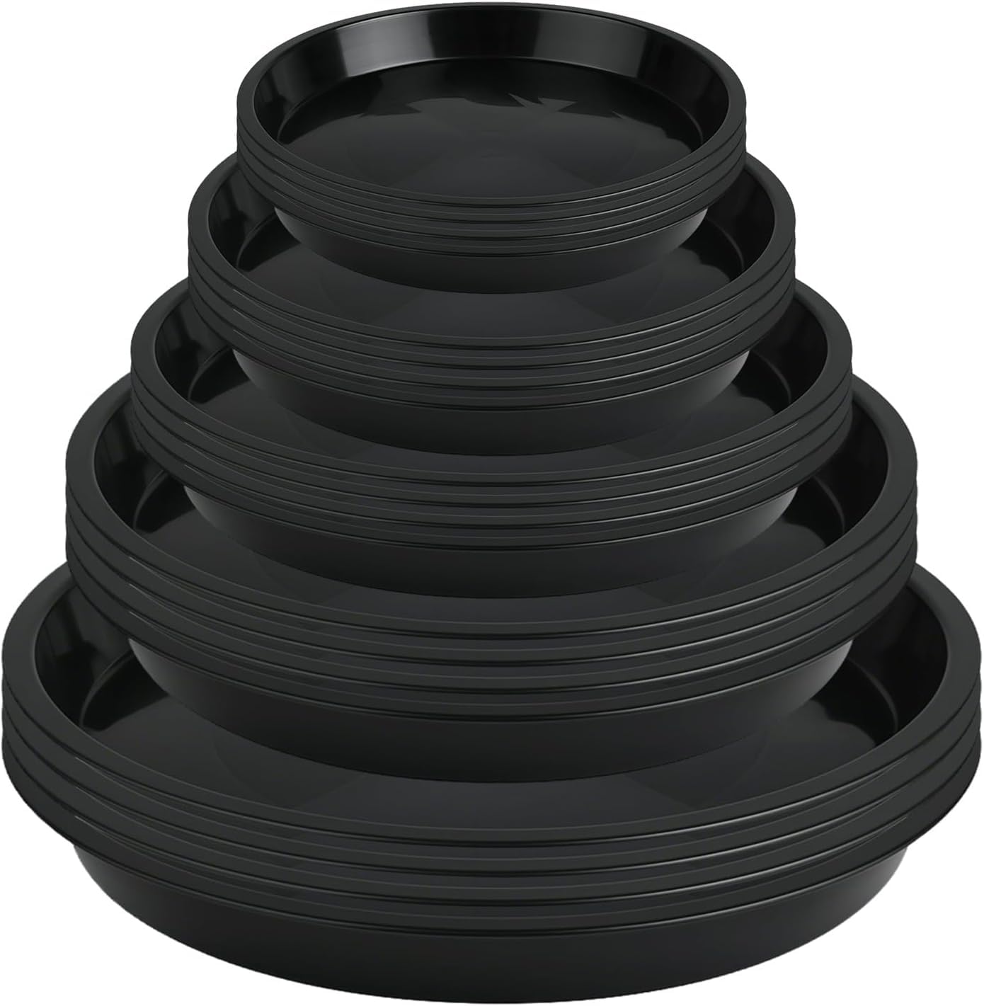 JESIFFY 20 Pack Plant Pot Saucers, Thicker Plastic Round Plant Drip Trays Multiple Sizes 12/14/16/18/21cm, Plant Trays for Indoor Outdoor Black