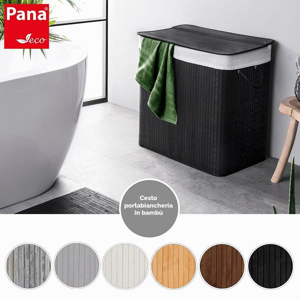 PANA®ECO Cesto biancheria in bambù con coperchio - 72 L, 40x30 x 60 cm - N | Sacco biancheria rimovibile - Cesto pieghevole - Compatto, pratico e robustoo - 100% Bambus - Ampia capacità