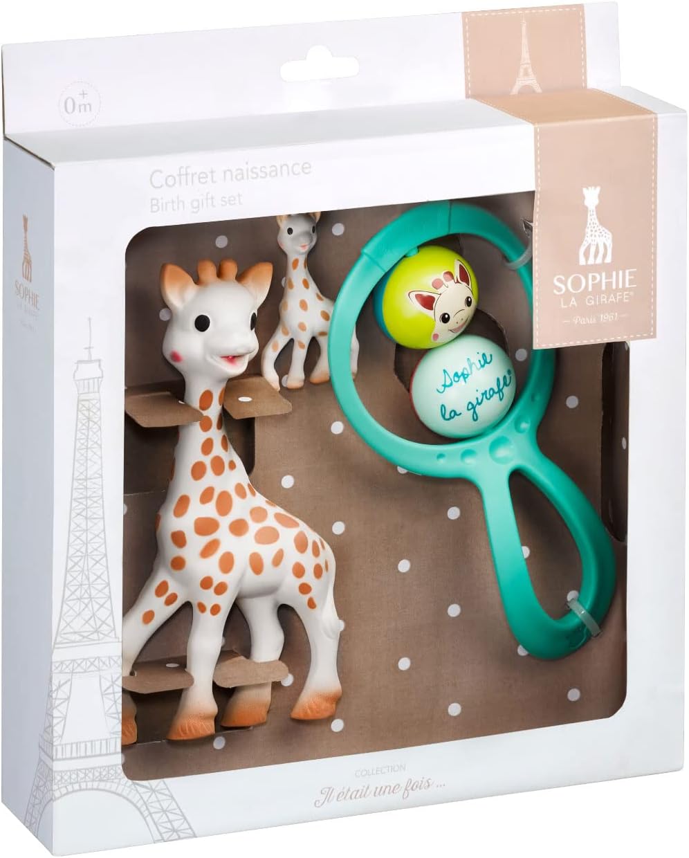 Sophie la Girafe Baby Essentials Gift Set, Original Giraffe Teething Toy, Rattle and Giraffe Keyring, Newborn 0m+