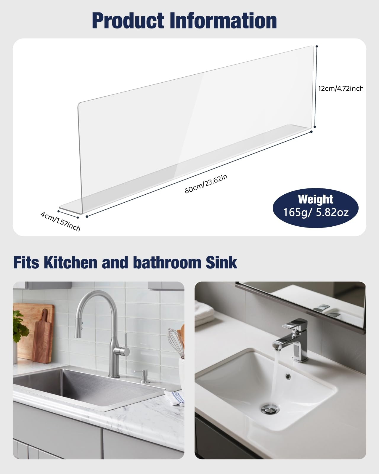 Protector de salpicaduras de acrílico para fregadero, altamente transparente, para isla de cocina y baño (23.6 pulgadas de largo x 1.6 pulgadas de ancho x 4.7 pulgadas de alto)