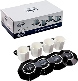 Bacimi® Mini Ceramic Espresso Cups with Saucer - Set of 4/2.7oz / 80ML - Small Drinking Cups with Handle - Dishwasher & Microwave Safe - Modern Italian Inspired Mugs for Coffee, Cocoa
