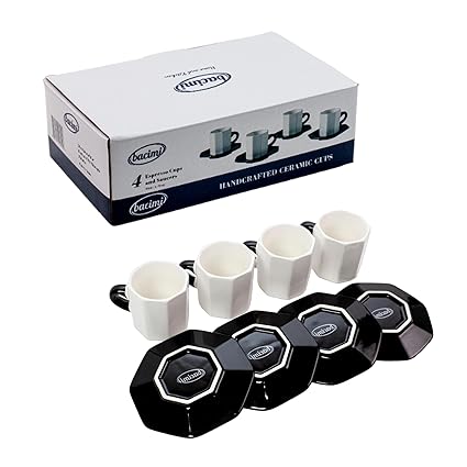 Bacimi Mini Ceramic Espresso Cups with Saucer - Set of 4/2.7oz / 80ML - Small Drinking Cups with Handle - Dishwasher & Microwave Safe - Modern Italian Inspired Mugs for Coffee, Cocoa